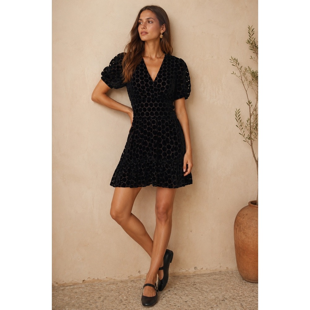Zara Mini Dress Womens S Black Velvet Polka Dot Puff‎ Sleeve Whimsigoth Romantic